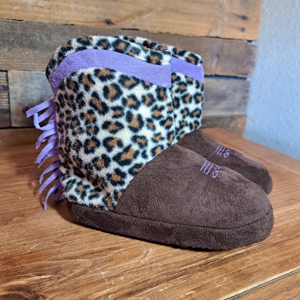 (KIDGETS) BROWN FOOTWEAR COWGIRL BOOTIE CHEETAH SLIPPERS SIZE L (9/10)